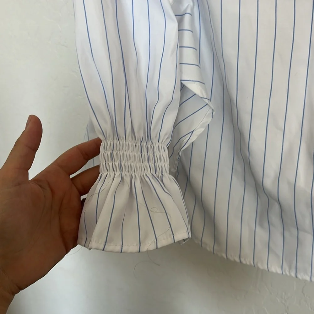 NWT sweet wanderer blouse white blue pin stripe puff preppy Large ruffle indie - Picture 7 of 7